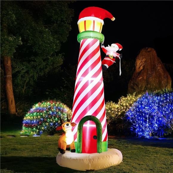 9.8FT Christmas Inflatable Decor, Blow Up Lighthouse with Santa and Reindeer - Picture 1 of 8